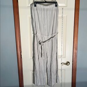 Anthropologie cloth& stone-L-striped-linen blend, strapless, belted, jumpsuit.